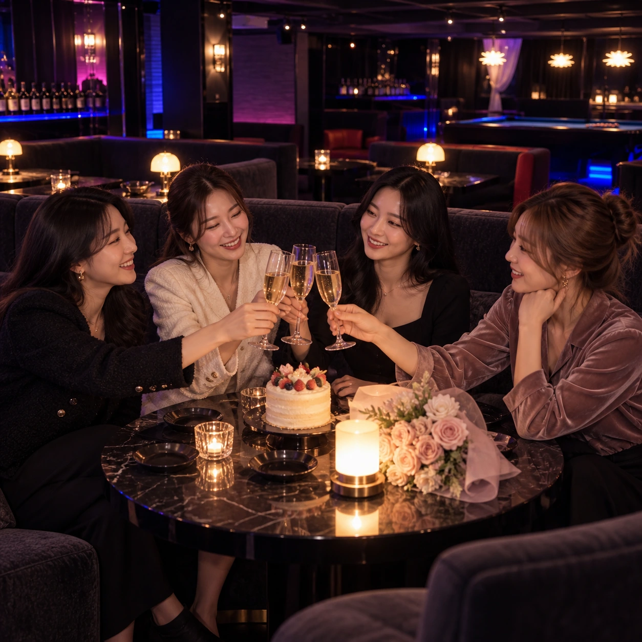 비아이피바 친구들과 기념일 건배 · AI 분위기 연출 이미지